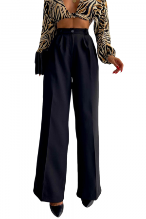 Pantaloni Dama, Talie inalta si croiala evazata, Pense in fata, Negru