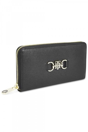 Portofel dama, Tommy Hilfiger, Inchidere cu fermoar, Piele ecologica, 19x10x2 cm, Negru