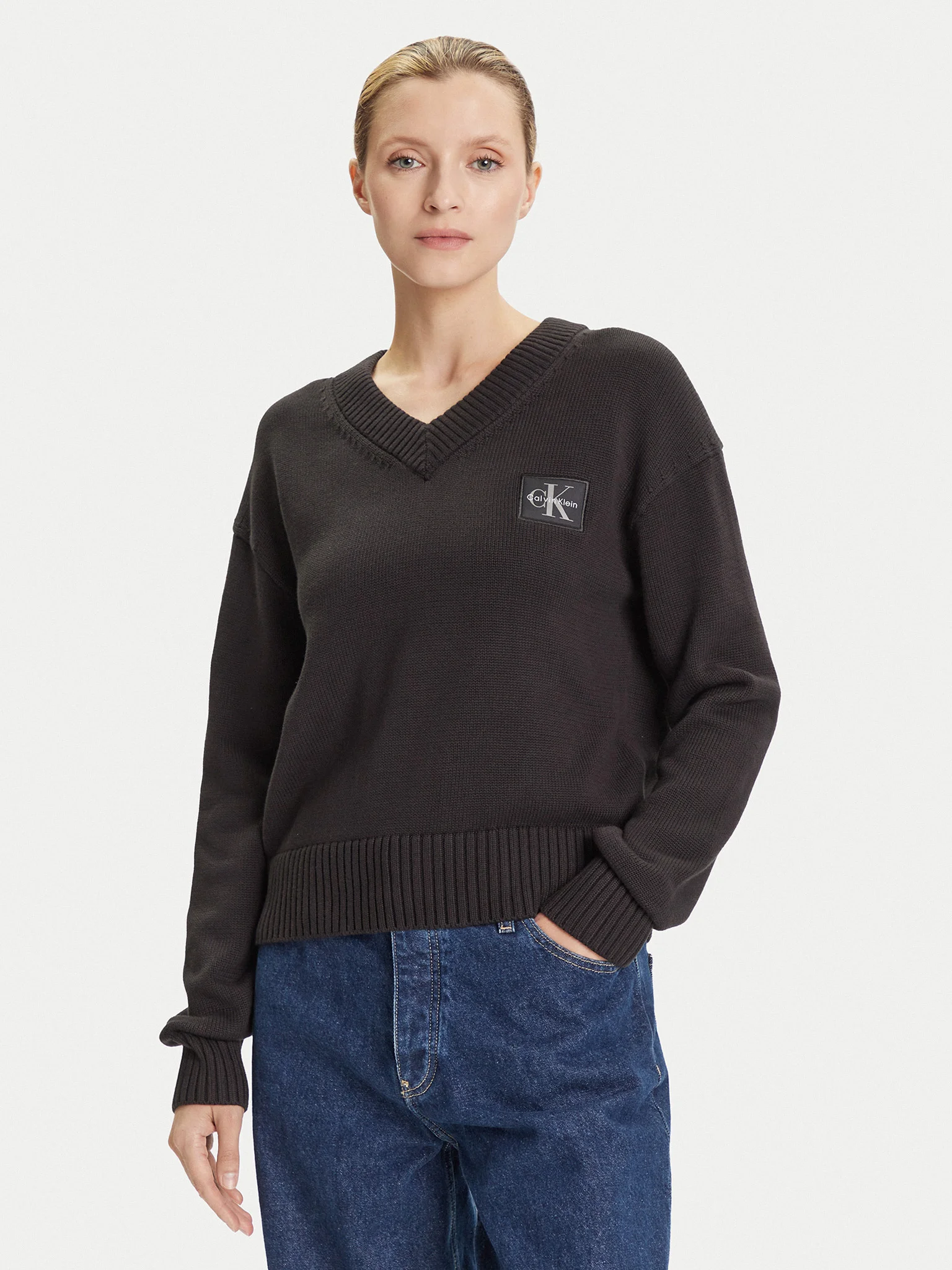Pulovere si Bluze - Pulover Dama, Calvin Klein Jeans, Decolteu in V, Negru