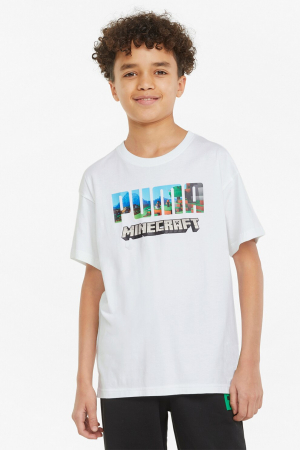 Tricouri - Puma, Tricou copii, Minecraft, Relaxed fit cu imprimeu, Alb, 110 CM, 5-6 ani