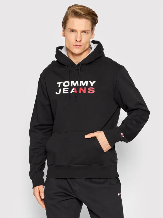 Tommy Jeans, Hanorac Bărbați, Cu imprimeu logo si buzunar kangaroo, Negru [1]