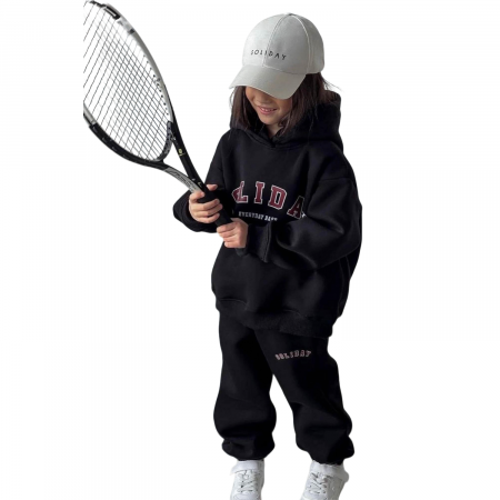 Trening Copii, Cu gluga si plusat, Bumbac, Negru [1]