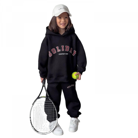 Copii - Trening Copii, Cu gluga si plusat, Bumbac, Negru