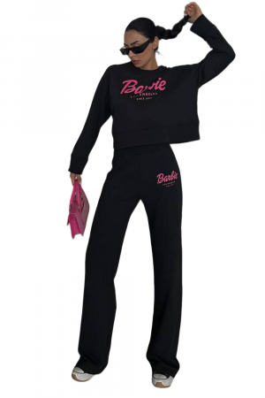 Trening Dama, Barbie, Negru, Set 2 piese, Bumbac, Print