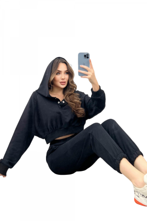 Trening Dama, Cu gluga, Capse la hanorac si pantaloni, Bumbac, Negru [3]