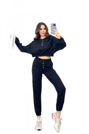 Trening Dama, Cu gluga, Capse la hanorac si pantaloni, Bumbac, Negru