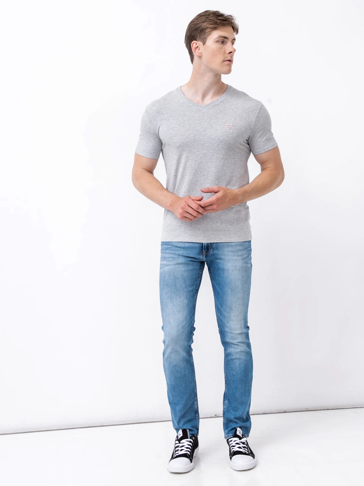 Tricou Barbati, Guess Jeans, Logo, Gri, Bumbac, Guler in V [3]