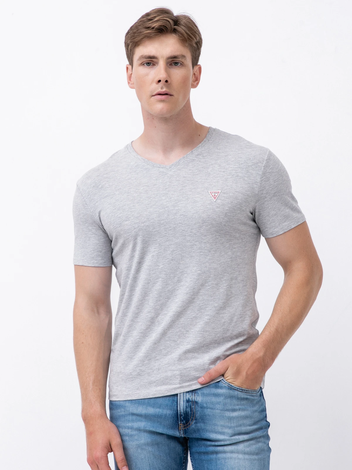 Tricou Barbati, Guess Jeans, Logo, Gri, Bumbac, Guler in V [1]