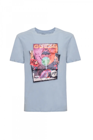 Barbati - Tricou Barbati, Guess, Logo printat, Albastru, Bumbac, L