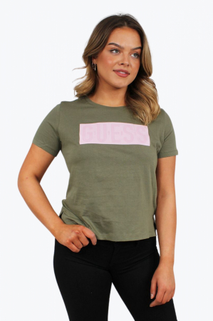 Tricou Dama, Guess, Chenar cu logo, Verde, Bumbac