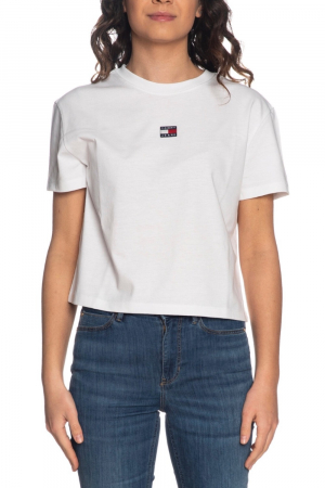 Tricou Dama, Tommy Hilfiger, Cu detaliu brodat cu logo, Decolteu la baza gatului, Bumbac