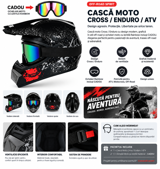 Cască Moto Cross Enduro ATV Neagră + Ochelari Rainbow Cadou – Marimea S [2]