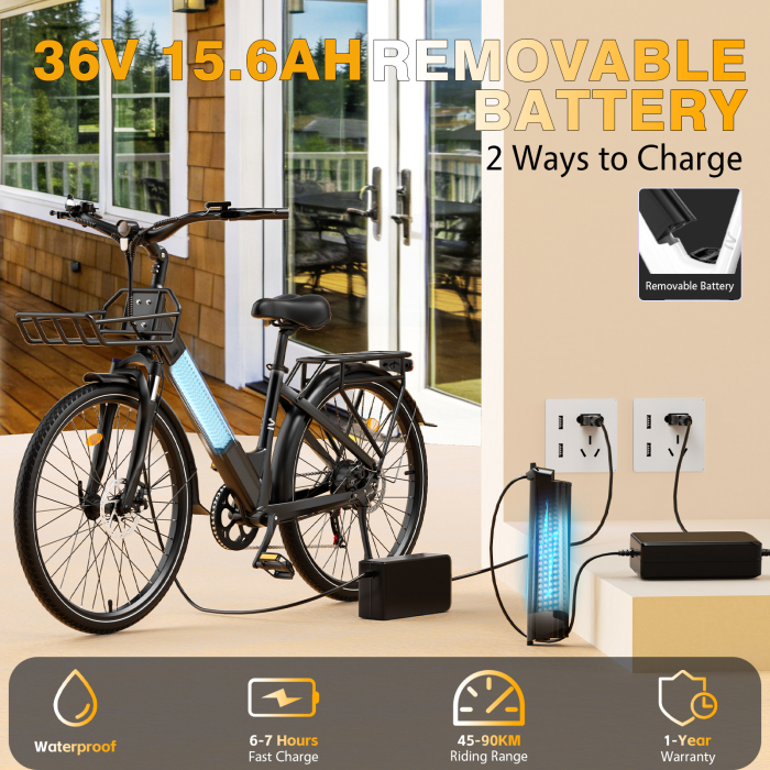 Bicicletă electrică V1 Black 28”, baterie 36V 15.6Ah, autonomie 45–90 km, motor 250W, Shimano 7 viteze [2]