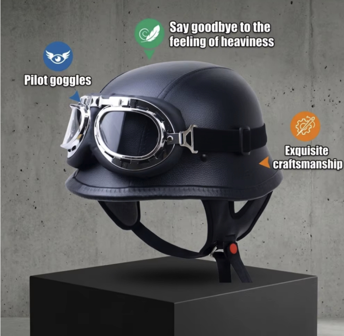 Cască Moto Vintage Open Face German Style cu Ochelari Aviator DOT [3]
