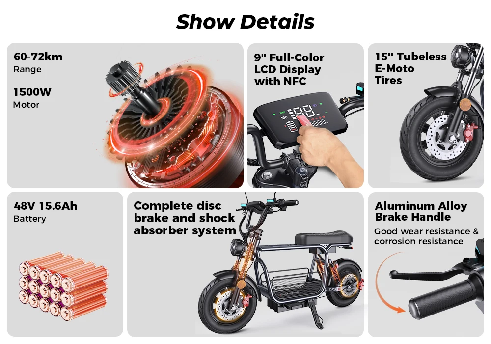 iScooter DX5 – Scuter Electric 1500W, Baterie 48V 15.6Ah, Roți 15”, Autonomie 72 km, Viteză 55 km/h, Suspensie Hidraulică [2]