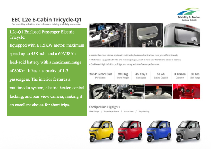 Triciclu Electric Cabinat EEC L2e Q1 3 Locuri 45 km/h Autonomie 80 km [3]