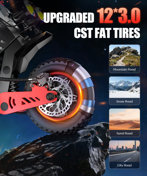 Trotinetă electrică off-road 6000W (2x3000W), baterie 60V 28Ah, viteză până la 75 km/h, autonomie 70 km, suspensie dublă, roți CST 12” [8]