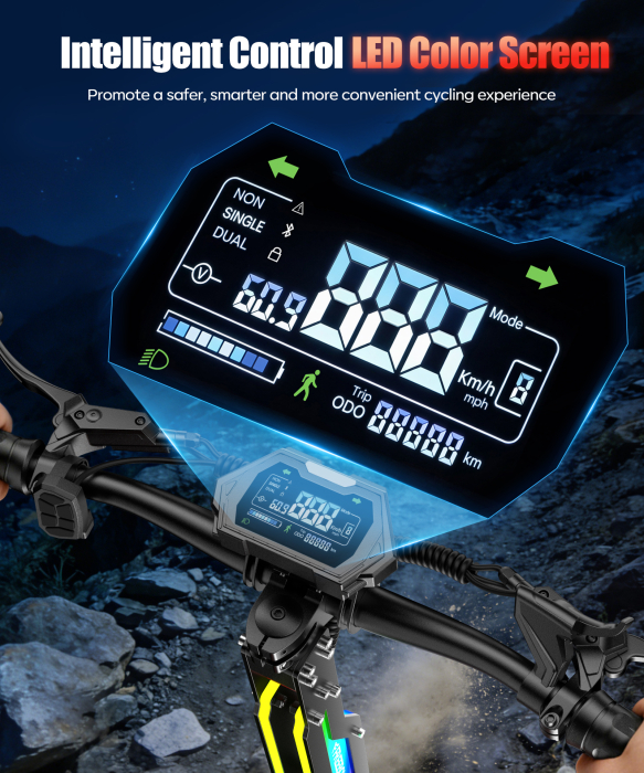 Trotinetă electrică off-road 6000W (2x3000W), baterie 60V 28Ah, viteză până la 75 km/h, autonomie 70 km, suspensie dublă, roți CST 12” [7]