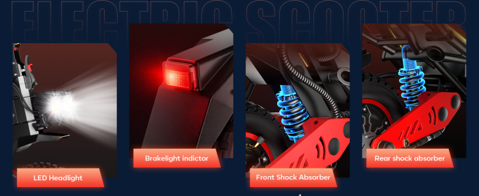 Trotinetă electrică off-road 6000W (2x3000W), baterie 60V 28Ah, viteză până la 75 km/h, autonomie 70 km, suspensie dublă, roți CST 12” [11]