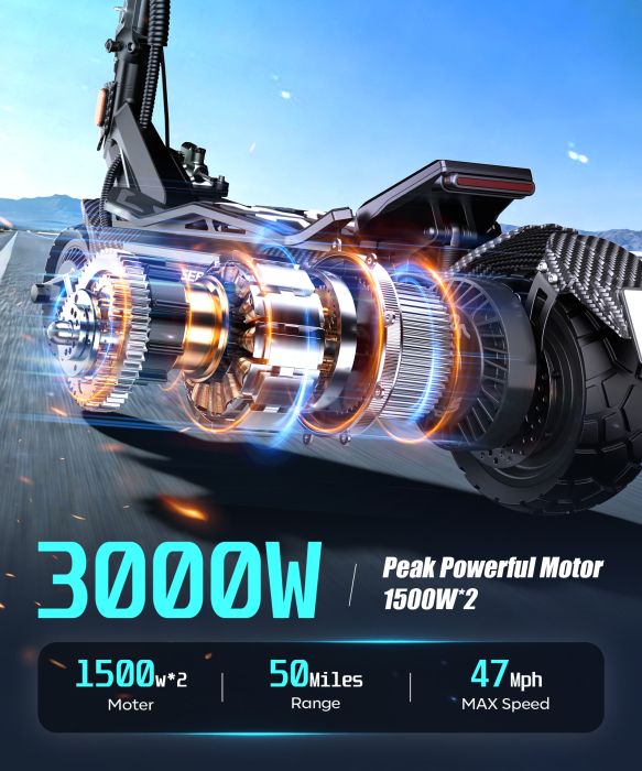 Trotinetă electrică H16 3000W (2x1500W), baterie 60V 30Ah, autonomie 70–80 km, viteză 75 km/h, roți 11”, frâne hidraulice [5]