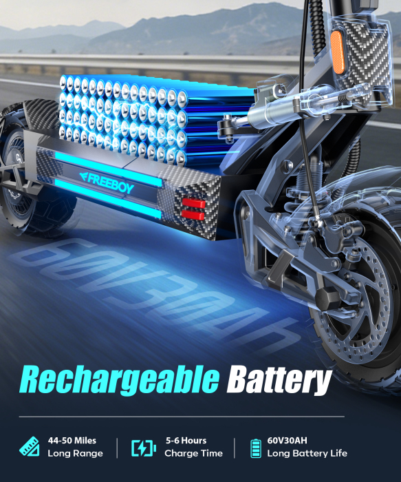 Trotinetă electrică H16 3000W (2x1500W), baterie 60V 30Ah, autonomie 70–80 km, viteză 75 km/h, roți 11”, frâne hidraulice [7]