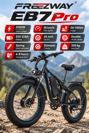 RESIGILATE - Bicicleta electrica EB7 Pro 2000W (2x1000W), 52V 23Ah, fat bike 26 inch, frane hidraulice