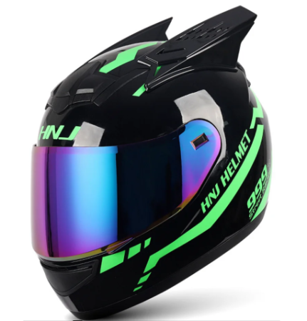 Accesorii - Cască integrală negru-verde cu vizieră irizată și design sport