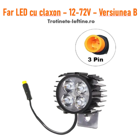 Lumini / iluminare - Far LED cu claxon 12–72V cu mufă 3 pini pentru trotinetă electrică