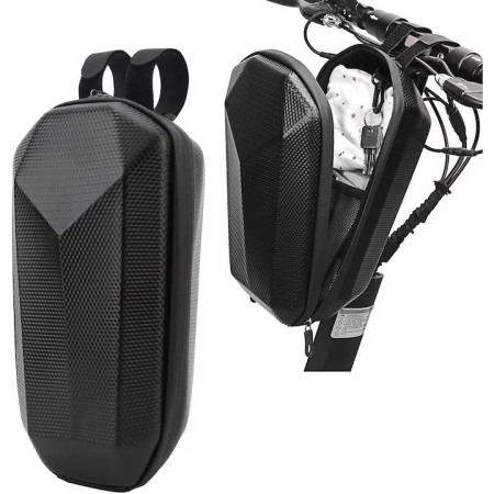Curele de transport - Geanta ghidon trotineta electrica 5L, carcasa rigida, model carbon, cu 2 benzi velcro, negru