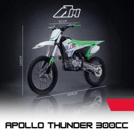 MOTOCICLETE - Motocross Apollo Thunder 300CC 4-Stroke 16HP, 90KM/H, Roți 19/16", Frâne Hidraulice, Rezervor 6.5L, 94CM Ride Height