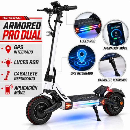 Trotinete 2 Motoare - Trotineta electrica Ecoxtrem Armored PRO Dual 24Ah DGT 2027, GPS, lumini RGB, Alb