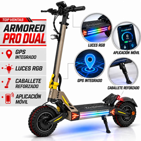 Trotinete 2 Motoare - Trotineta electrica Ecoxtrem Armored PRO Dual 24Ah DGT 2027, GPS, lumini RGB, Bronz