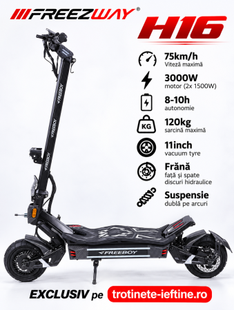 Trotinete 18–20Ah - Trotinetă electrică H16 3000W (2x1500W), baterie 60V 30Ah, autonomie 70–80 km, viteză 75 km/h, roți 11”, frâne hidraulice