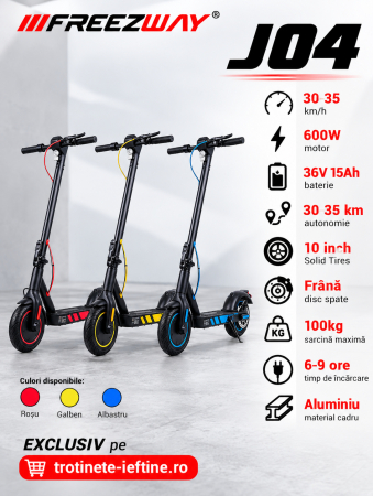 Trotinete cu Roți cu Cameră - Trotineta electrica J04 600W cu roti pline de 10 inch, rosu albastru galben