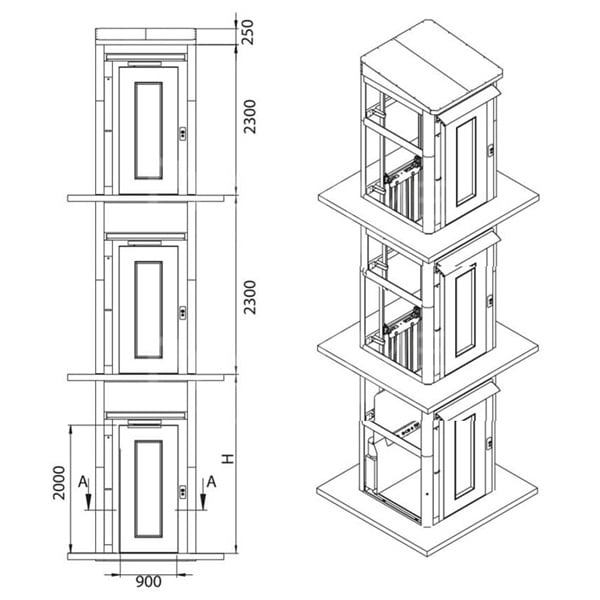 Lift tip ascensor P+2 / 3 opriri, interior / exterior, pentru persoane cu dizabilitati | TRS-901-D-SCR-600, actionare cu surub melcat [2]