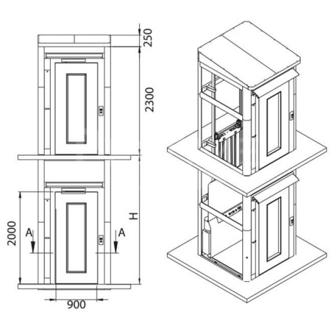 Lift tip ascensor P+1 / 2 opriri, interior / exterior, pentru persoane cu dizabilitati | TRS-901-D-SCR-300, actionare cu surub melcat [1]