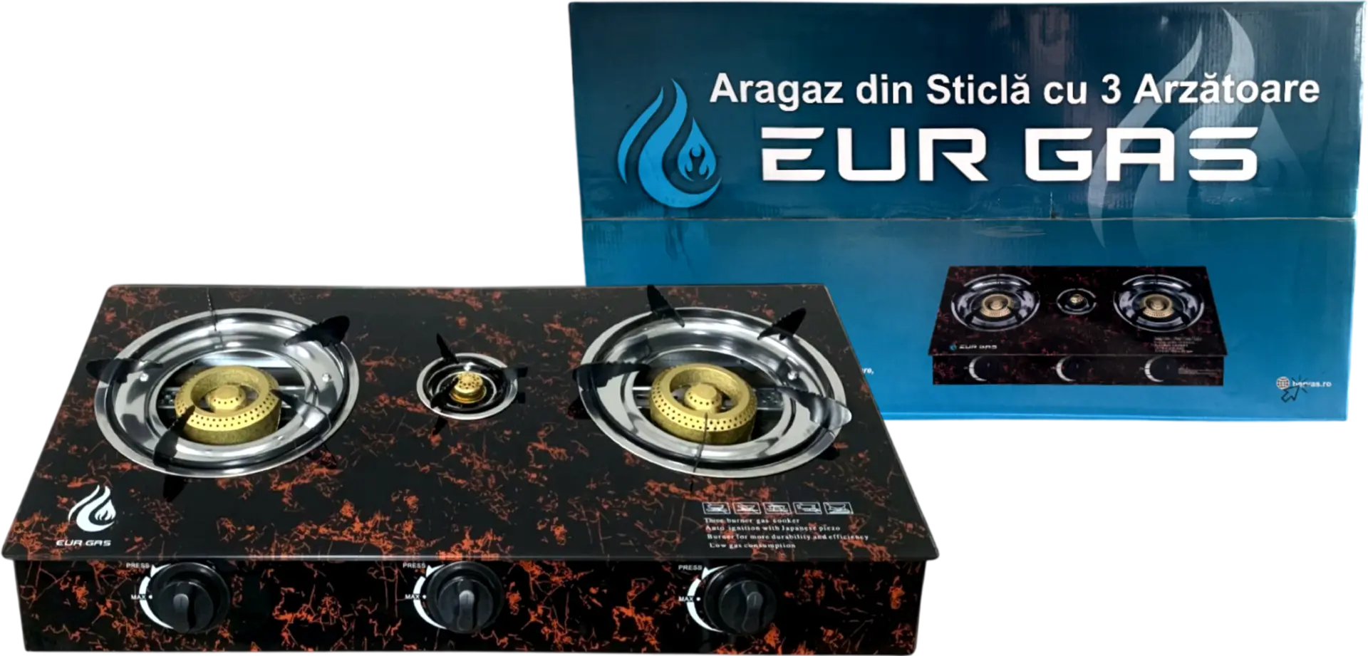 Arzatoare & pirostrii gaz - Aragaz din Sticla EurGas cu 3 Arzatoare