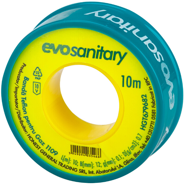 Benzi adezive - Banda Teflon pentru Gaz 1109 - Lungime banda 10 m Latime banda 12 mm Grosime banda 0.1 mm Densitate 0.7 g/cm3