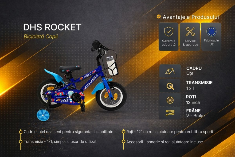 Bicicleta Copii DHS Rocket - 12 Inch, Albastru inchis [5]