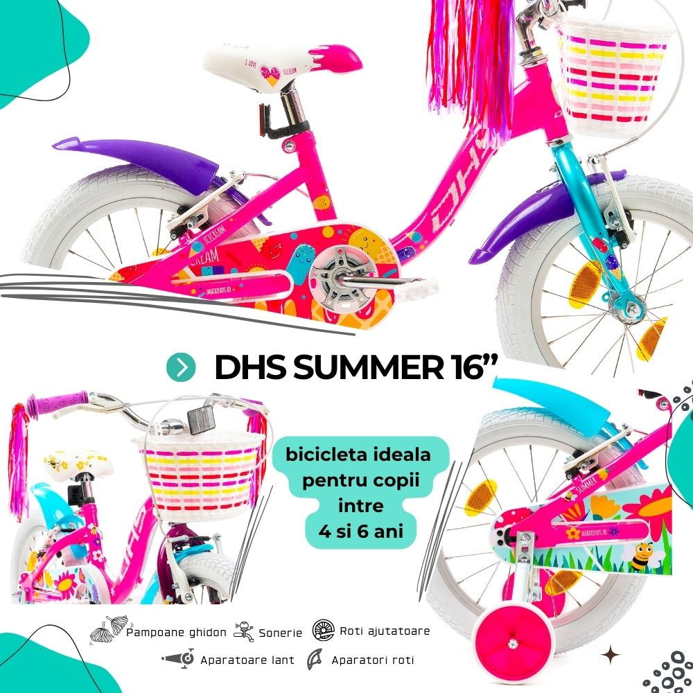 Bicicleta Copii DHS Summer - 16 Inch, Roz [4]