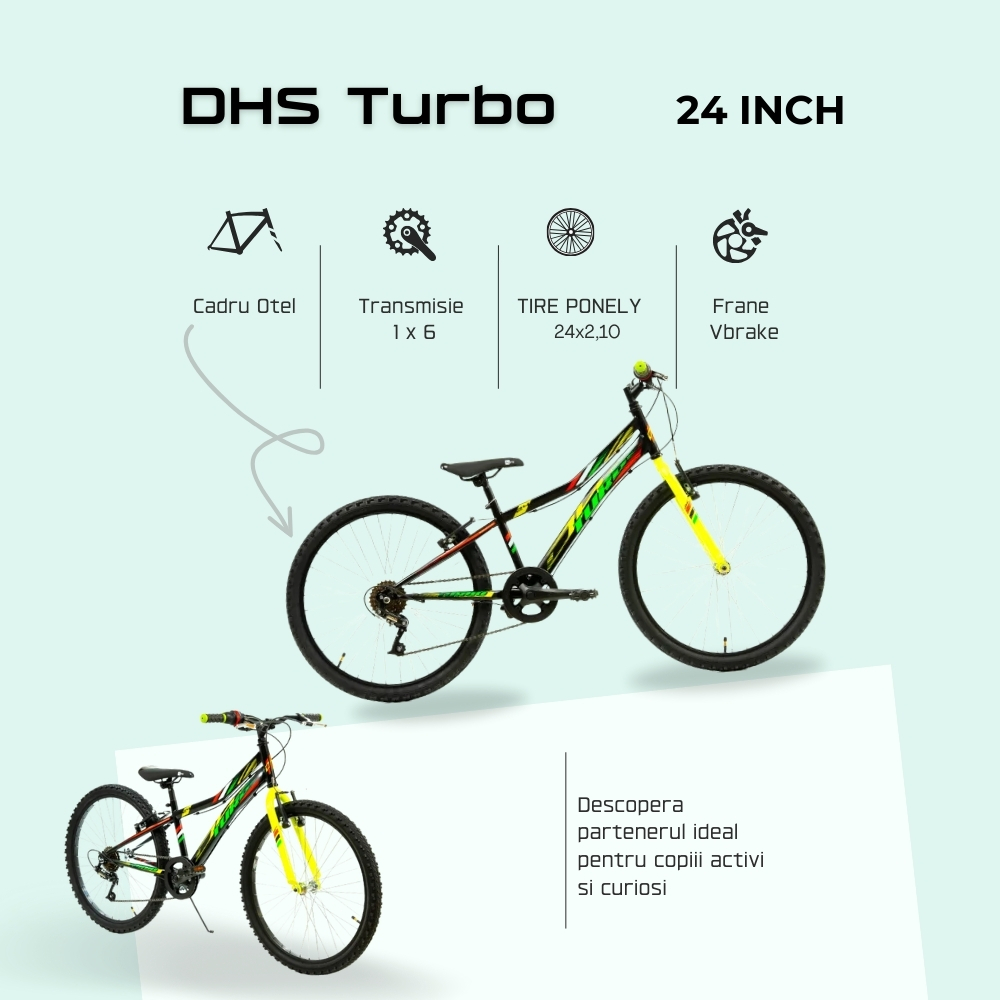 Bicicleta Copii DHS Turbo - 24 Inch, Negru-Verde [4]
