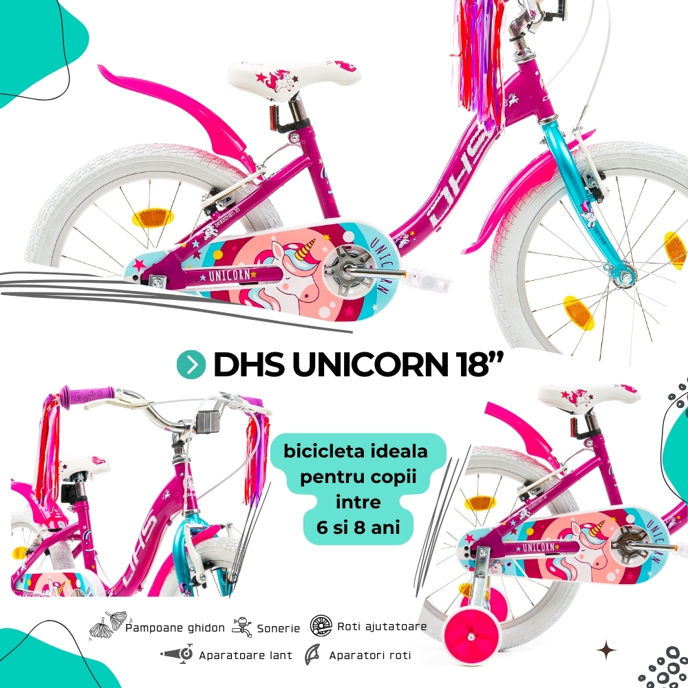 Bicicleta Copii DHS Unicorn - 18 Inch, Roz/Albastru [4]