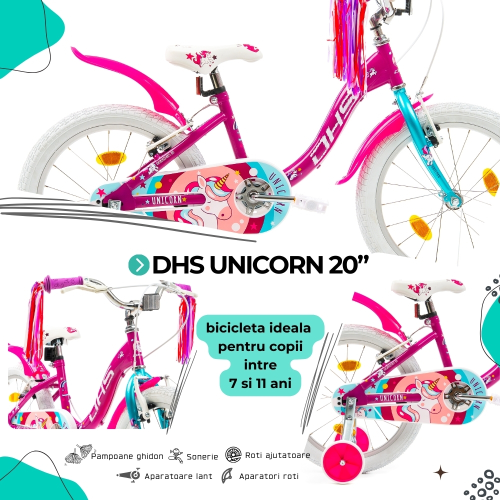 Bicicleta Copii DHS Unicorn - 20 Inch, Roz/Albastru [4]