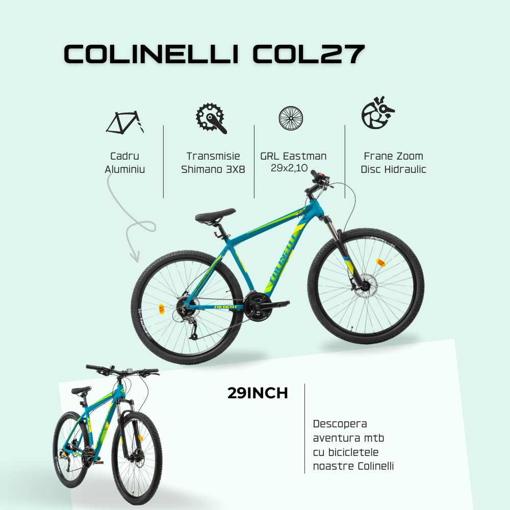Bicicleta MTB Colinelli COL27, Marimea L, 29 inch, Verde, Schimbator Shimano Altus, 24 Viteze, Cadru Aluminiu, Frane pe Disc [4]