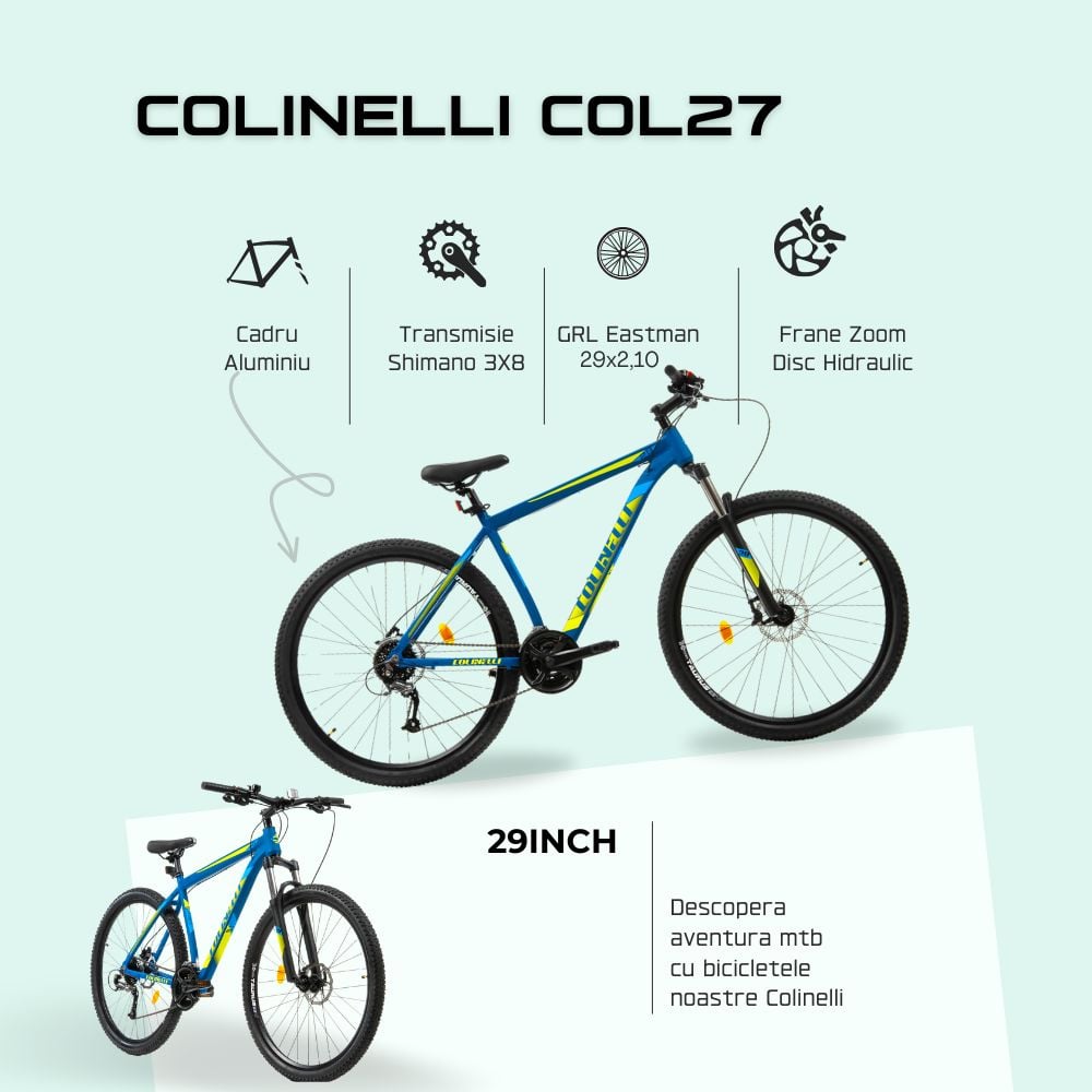 Bicicleta MTB Colinelli COL27, Marimea M, 29 inch, Albastru, Schimbator Shimano Altus, 24 Viteze, Cadru Aluminiu, Frane pe Disc [4]