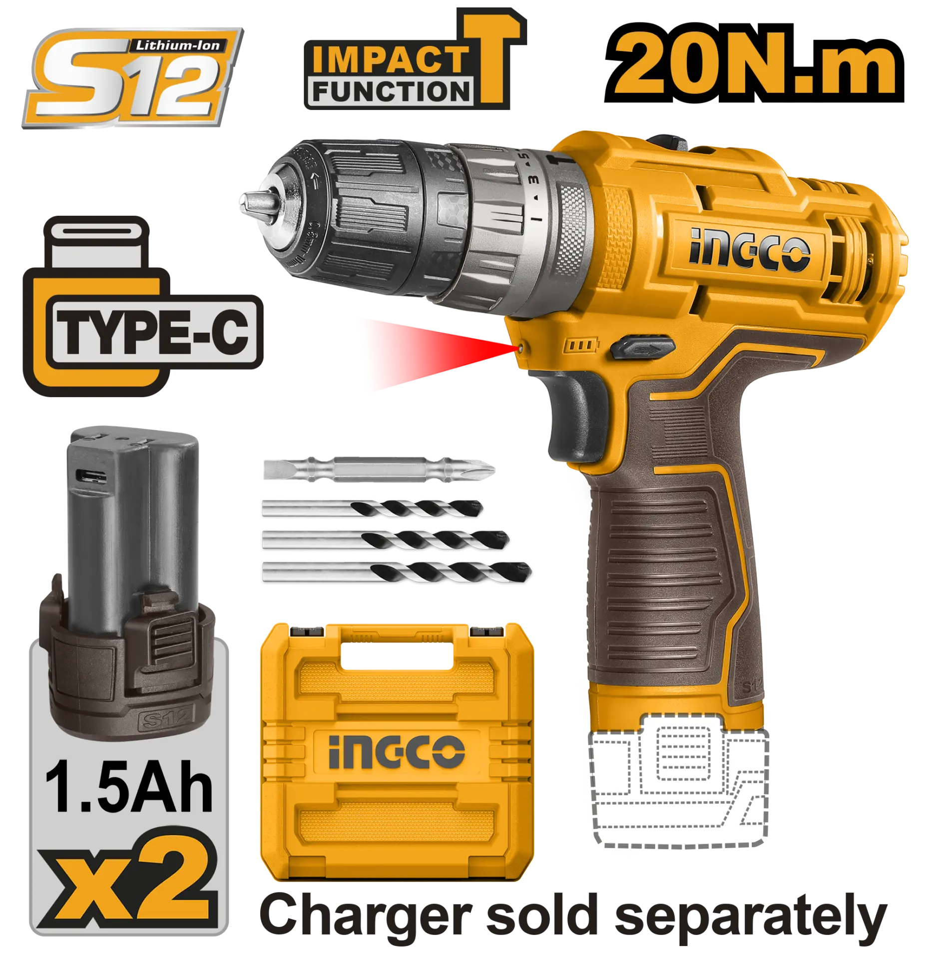 Bormasina 12V Impact 20 Nm 2 Acumulatori cu Type C si Geanta [1]
