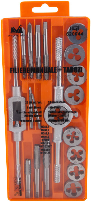 Filiere Manuale + Tarozi (20 piese) EvoTools - Diametru filiere (M3x0.5)-(M12x1.75) mm [2]