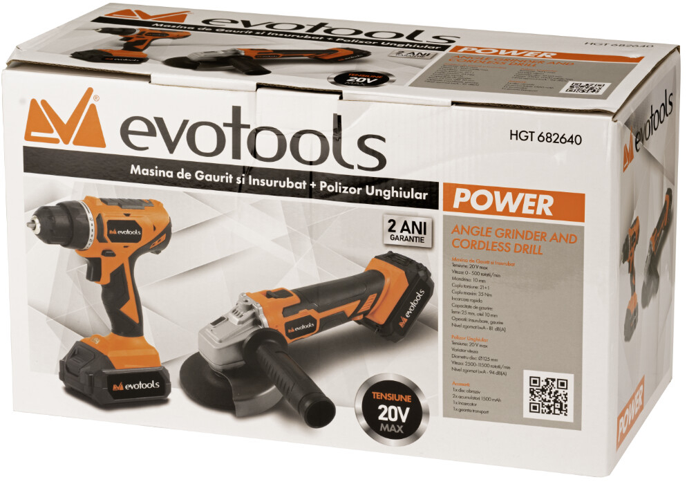 Kit Promo Masina de Gaurit si Insurubat si Polizor Unghiular cu 2 Acumulatori si Incarcator MAX 20V POWER Evotools [2]