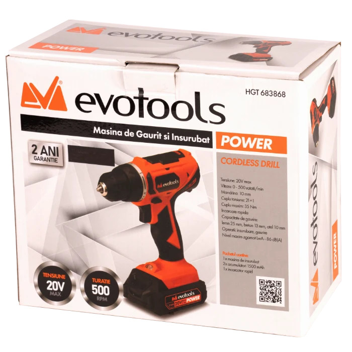 Masina de Gaurit si Insurubat 35Nm cu 2 Acumulatori si Incarcator MAX 20V POWER Evotools [4]