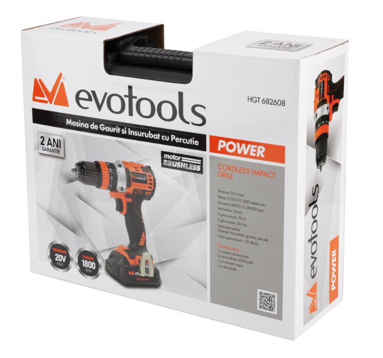Masina de Gaurit si Insurubat Brushless cu Percutie cu 2 Acumulatori si Incarcator MAX 20V POWER Evotools [2]